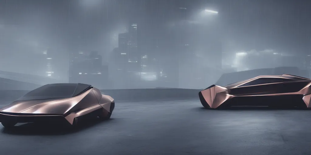 Image similar to a design of a futuristic vehicle, designed by Polestar, blade runner background, brushed rose gold car paint, black windows, dark show room, dramatic lighting, hyper realistic render, depth of field