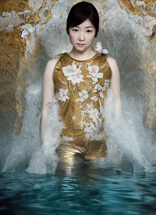 Prompt: Kodak Portra 400, 8K, soft light, volumetric lighting, highly detailed, Kasumi Arimura style 3/4 ,portrait photo of Japanese princess, the face emerges from a thermal water flowing down gold travertine terraces, with lotus flowers, inspired by Ophelia paint , a beautiful luxurious royal suit, intricate hair with highly detailed realistic beautiful flowers , Realistic, Refined, Highly Detailed, ethereal lighting colors scheme, outdoor fine art photography, Hyper realistic, photo realistic