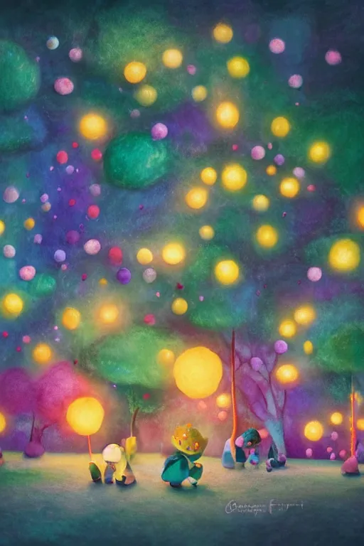 Image similar to a matte digital painting of a candy forest at night, bokeh, bright colours, watercolor, volumetric wool felting, macro photography, children illustration, by goro fujita