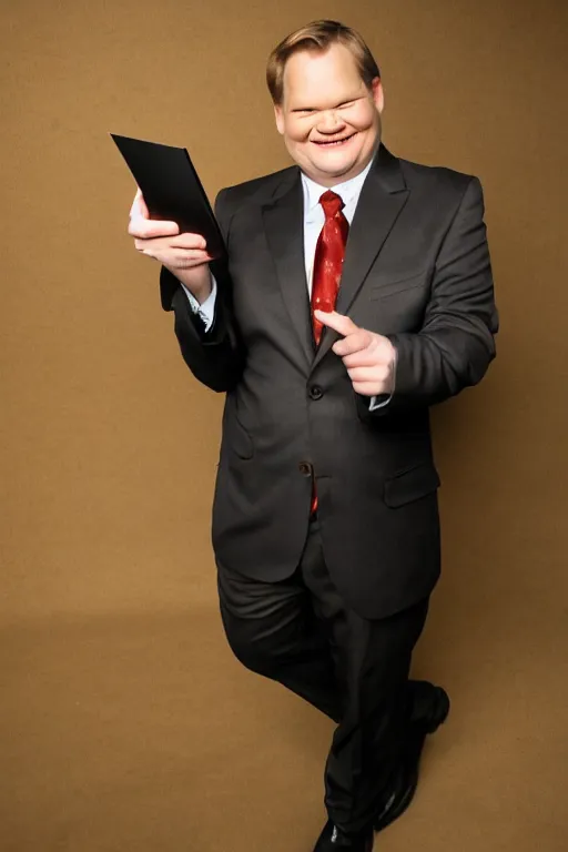 Image similar to full length body shot, andy richter wearing a brown suit and necktie and black boots, ultra hd photo, 3 5 mm close up, fish eye, realistic, smiling, holding a postcard from chicago,