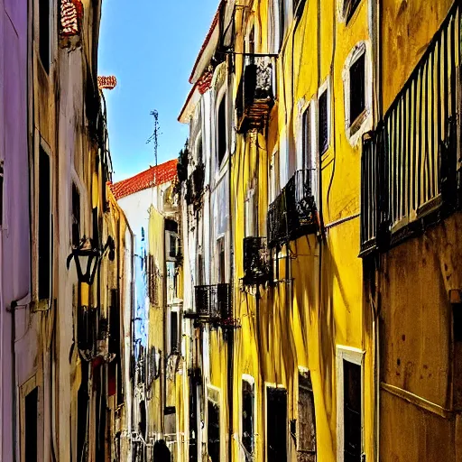 Prompt: the view down an alley, buildings in lisbon portugal, by girolamo da catignola