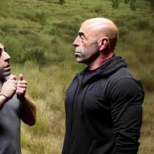 Image similar to joe rogan talking to jesus christ, detailed photography