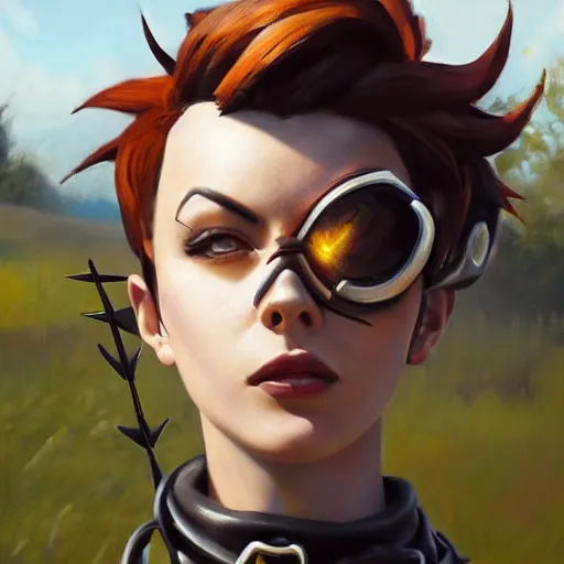 Prompt: oil painting of tracer overwatch in a field wearing spiked collar around neck, in style of greg rutkowski, expressive face, wearing choker, steel collar, steel choker, wearing collar on neck, detailed face, detailed eyes, full body, feminine face, tracer overwatch,