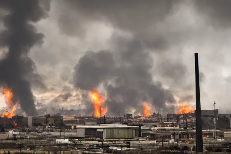 Image similar to a gloomy dystopian industrial complex belching smoke and fire