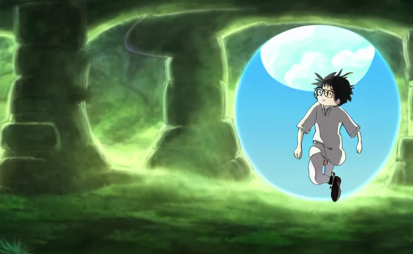 Prompt: a cell - shaded studio ghibli cartoon concept art study of a skinny grey scientist falling out of a circular time portal in the sky in a prehistoric stonehenge jungle valley on a sunny day. 1 9 7 0's science fiction. very dull colors, hd, 4 k, hq