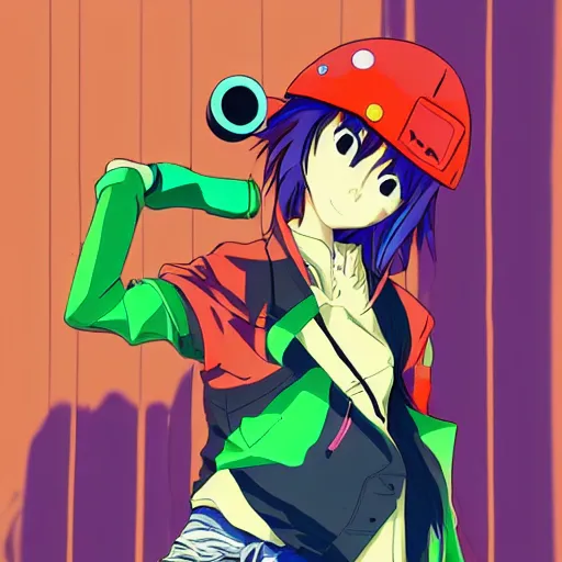 Image similar to anime girl with colorful clothes, eccentric hairstyle, cel - shading, 2 0 0 1 anime, flcl, jet set radio future, golden hour, underground facility, underground tunnel, pipes, rollerbladers, rollerskaters, cel - shaded, jsrf, strong shadows, vivid hues, y 2 k aesthetic