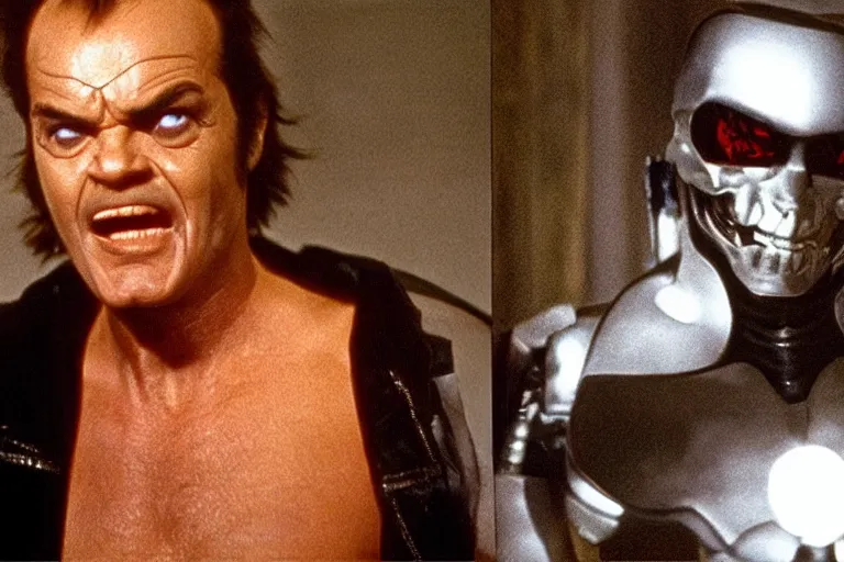 Image similar to Jack Nicholson in costume of Pikachu Terminator scene where his endoskeleton gets exposed and his eye glow red still from the film