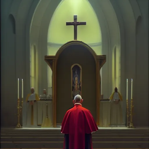 Image similar to pope john paul ii standing ina curch, digital painting, greg rutkowski, artstation, cinematic, matte painting