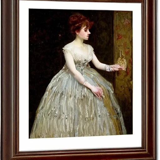 Prompt: young victorian lady in ball gown putting on her dress glove, painted by alfred stevens