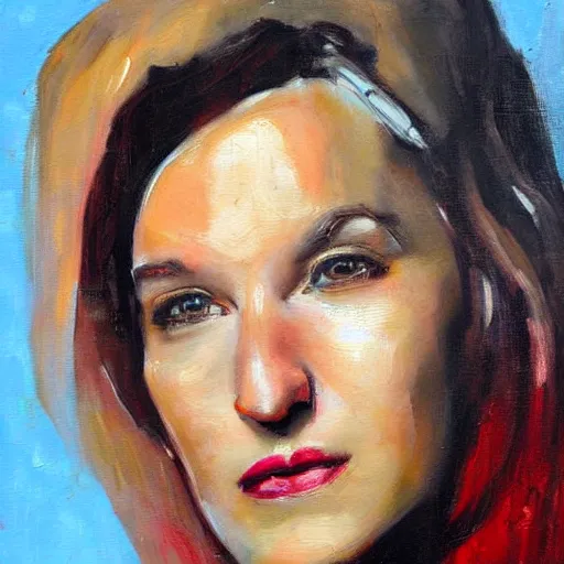 Prompt: a feminine version of female bill maher jeremy mann painting