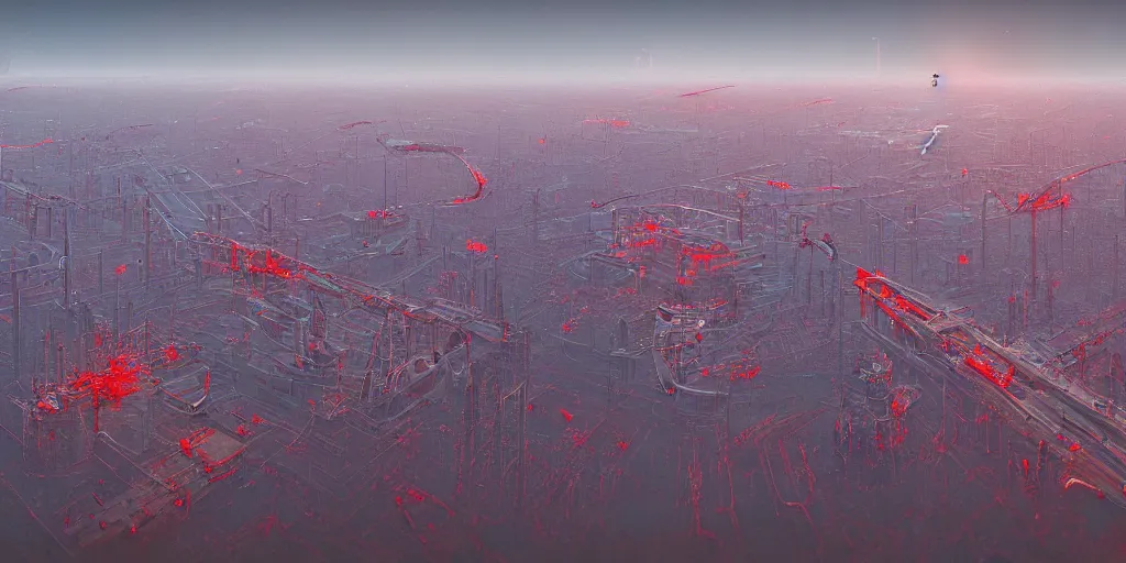 Prompt: Crimson city skyline under translucent azure dome on dozens of insectile legs,Stalenhag style, soft light, 8k, high detail