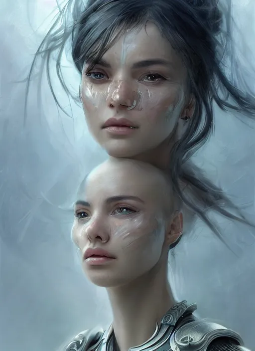 Image similar to a professional portrait of a beautiful young female, clothed in ethereal battle armor, olive skin, long dark hair, beautiful bone structure, symmetrical facial features, intricate, elegant, digital painting, concept art, smooth, sharp focus, finely detailed, illustration, from Valerian and the City of a Thousand Planets, in the style of Ruan Jia and Mandy Jurgens and Artgerm and Greg Rutkowski and William-Adolphe Bouguerea