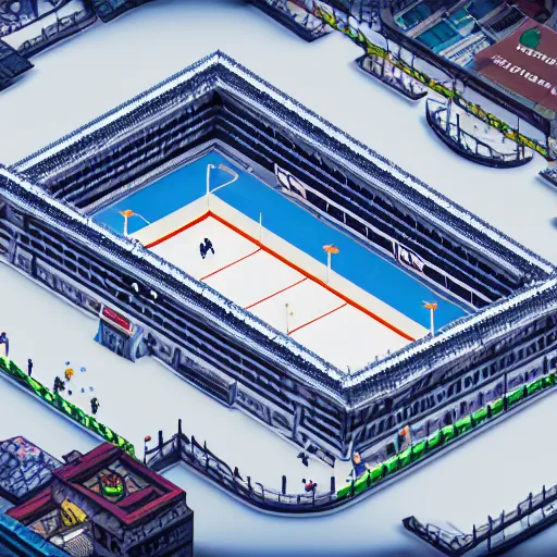 Image similar to Huge hockey arena game illustration, aerial view, isometric Voxel, pixel art, Blizzard, EASports, intricate, elegant, highly detailed, digital painting, artstation, 3d, concept art, smooth, sharp focus, art by Roman Klco and Shadow Run, brightly lit cinematic soft lighting, 4k