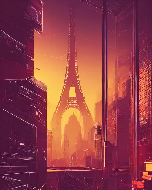 Prompt: beautiful painting of a cyberpunk paris inspired by phillipe stark, art by mike winkelmann, golden hour, illustration, highly detailed, simple, smooth and clean vector curves, no jagged lines, vector art, smooth, artstation