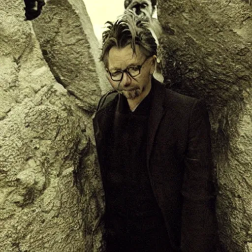 Prompt: an old worn photo of gary oldman emerging from his stone tomb