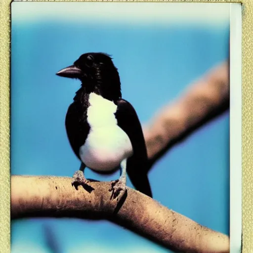 Prompt: magpie, beautiful polaroid photo, pinhole, color