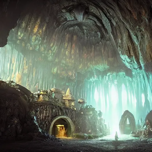 Image similar to “underground fantasy medieval of city in a giant cave, bioluminescence, mushrooms, crystals, roots, Artstation HQ, photorealistic, hiperrealistic, 4k UHD, Unreal Engine 5, cinematic shot, cinematic lightning, dark tones, high contrast, masterpiece”