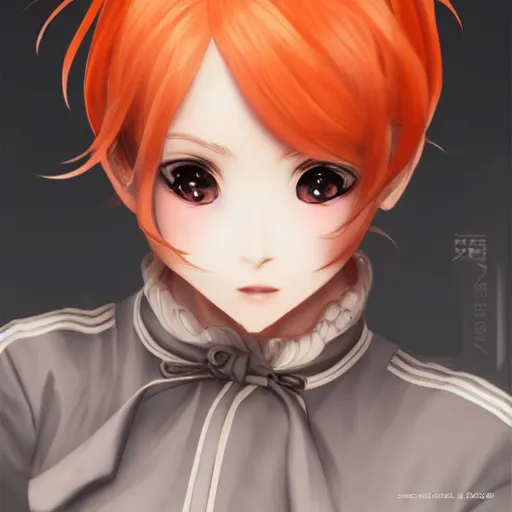 Image similar to luxury advertisement, astonishing portrait of a very beautiful anime high-school girl with light orange hair twintails, white ribbon, full perfect face, realistic, highly detailed background, artstation, 120 degree view, drawn by Sasoura, Satchely and Akihiko Yoshida, no distortion