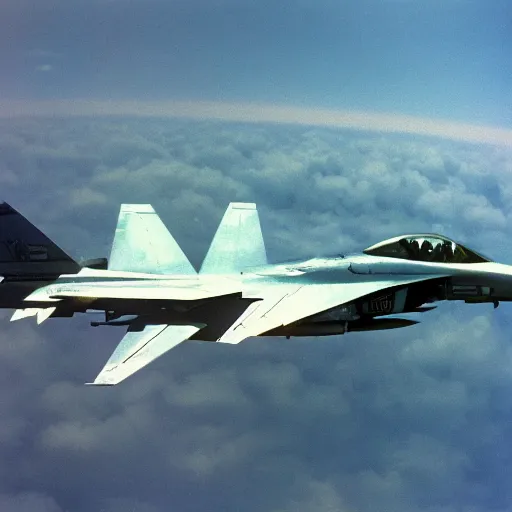 Image similar to a f 1 4 tomcat flying over the clouds chasing an ufo