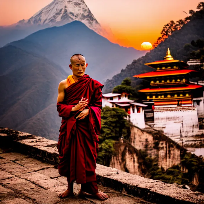 Prompt: fashion editorial of buddhist monk in nepal temple, monastery, portrait, moutain, landscape, sunset, photography, very beautiful, highly detailed, intricate