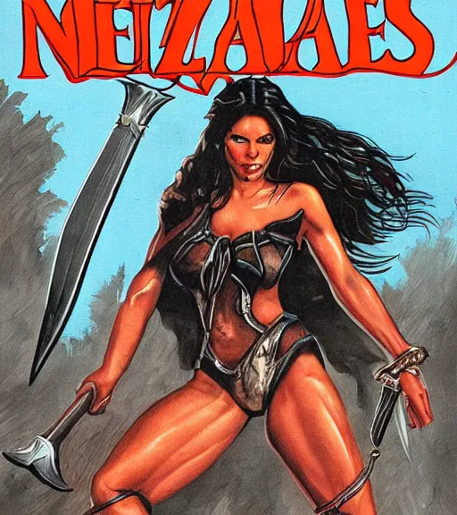 Image similar to 1 9 8 0 s fantasy novel book cover, amazonian nadine velazquez in extremely tight bikini armor wielding a cartoonishly large sword, exaggerated body features, dark and smoky background, low quality print
