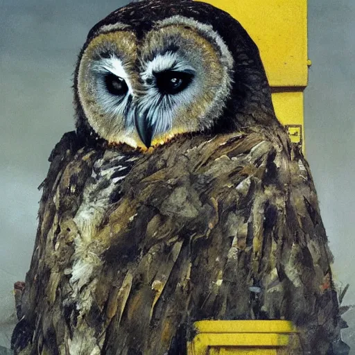 Image similar to shredded physique feathered round fat beak Portrait of Henry James camouflaged as Owl whilst wearing a yellow tuxedo Standing atop a Garbage Truck Greg Rutkowski Vik Muniz clarence holbrook carter Andrew Wyeth Dan Witz