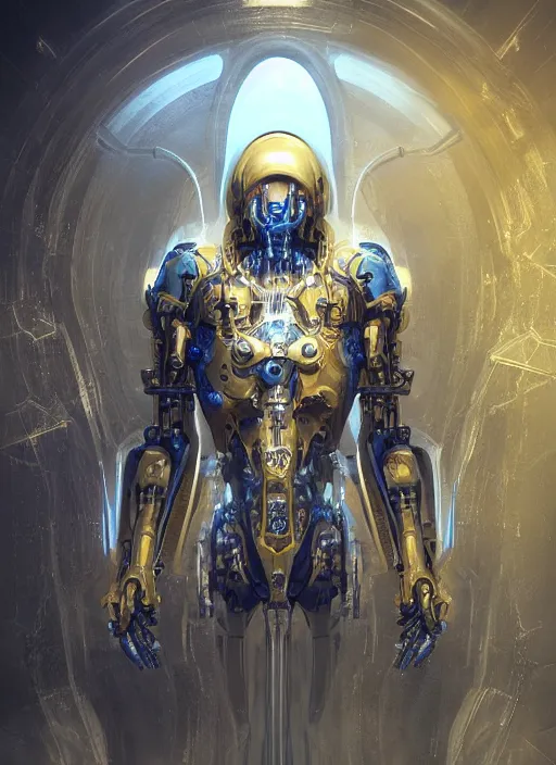 Image similar to benevolent cyborg necromancer, scifi, futuristic, helpful, kind, intelligent, alien room background, white, blue, gold, highly detailed, trending on artstation, soft light, holy machine, advanced technology, art by vitaly bulgarov and nivanh chanthara