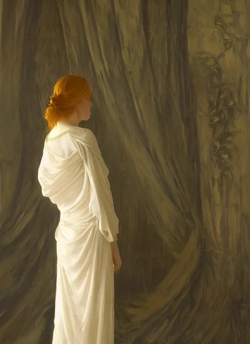 Image similar to an oil painting of a woman in a flowing white gown standing in a hazy, gloomy, dark room, art nouveau in the style of john singer sargent, greg rutkowski, maxfield parrish and alphonse mucha