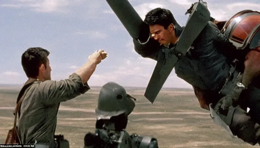 Image similar to Big budget movie scene, the hero clings to a flying nuclear missile as he tries to disarm it