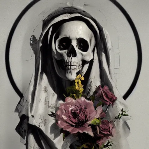 painting of the virgin mary skull face with graffiti