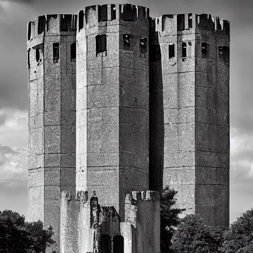 Prompt: a sci - fi beautiful brutalist monumental gothic castle, with many rounded brutalist towers sprouting from the base tower creating a complex and unique geometric building, photography