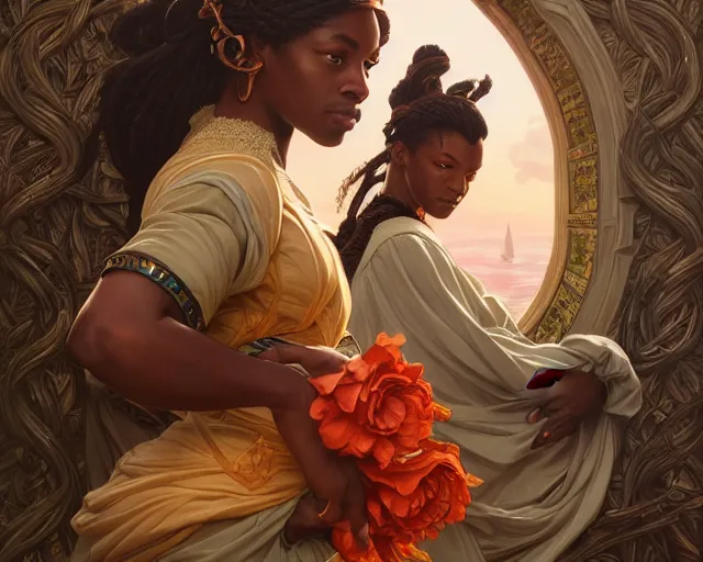 Image similar to photography of kehinde wiley, deep focus, d & d, fantasy, intricate, elegant, highly detailed, digital painting, artstation, concept art, matte, sharp focus, illustration, hearthstone, art by artgerm and greg rutkowski and alphonse mucha