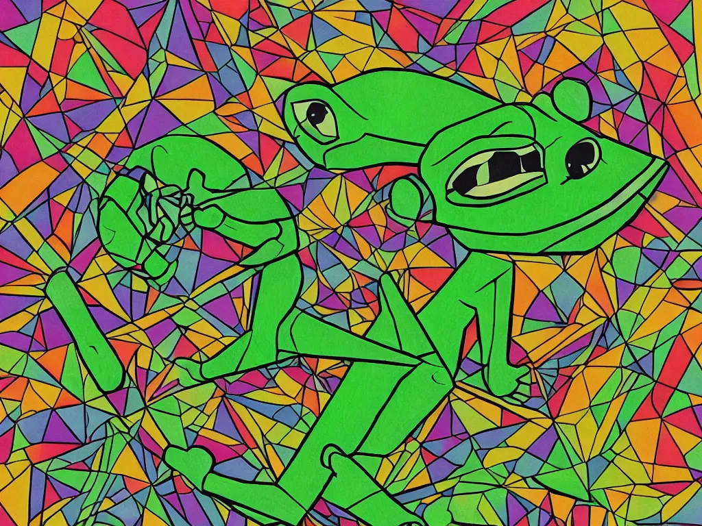 Image similar to pepe the frog walking on hyper-dimensional impossible geometric object, high detail, highly abstract, vivid colors, a little bit touch of M. C. Escher