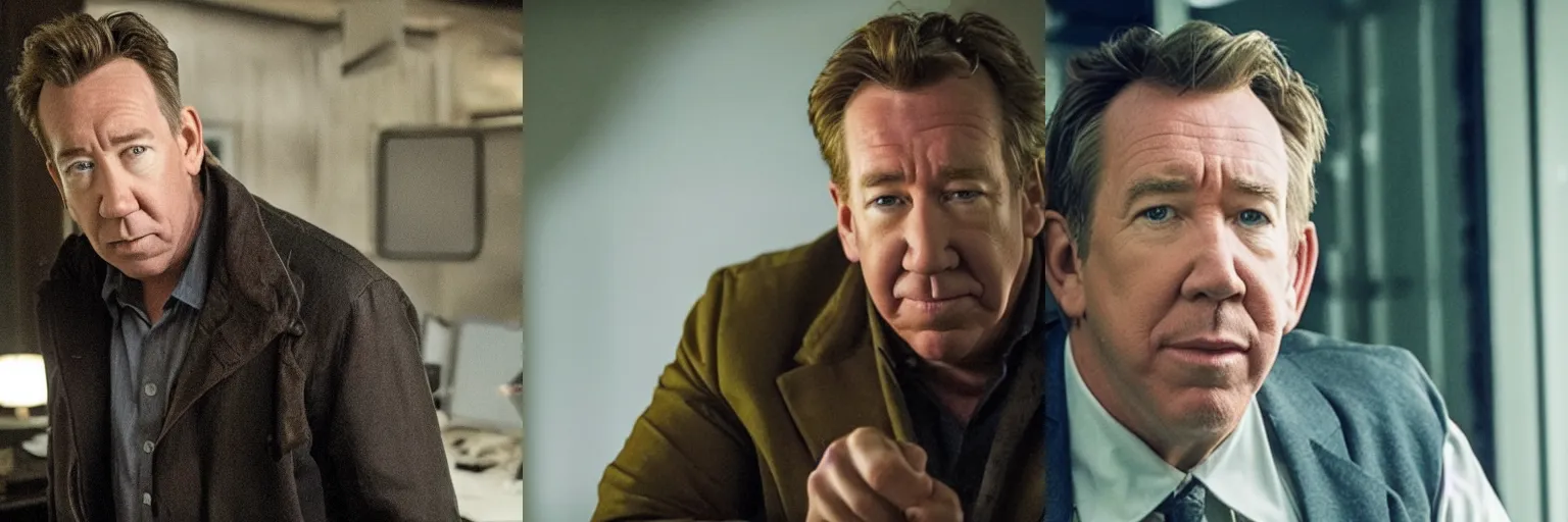 Prompt: close-up of Tim Allen as a detective in a movie directed by Christopher Nolan, movie still frame, promotional image, imax 70 mm footage