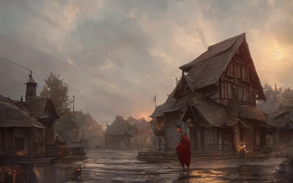 Image similar to slavic village, sharp focus, wide shot, trending on artstation, masterpiece, by greg rutkowski, by ross tran, by fenghua zhong, octane, soft render, oil on canvas, colorful, cinematic, environmental concept art