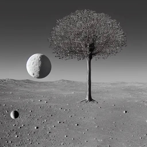 Prompt: an apple tree on the moon in the background the earth and death star from star wars the movie