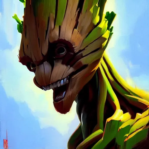 Prompt: Greg Manchess portrait painting of Groot as Overwatch character, medium shot, asymmetrical, profile picture, Organic Painting, sunny day, Matte Painting, bold shapes, hard edges, street art, trending on artstation, by Huang Guangjian and Gil Elvgren and Sachin Teng