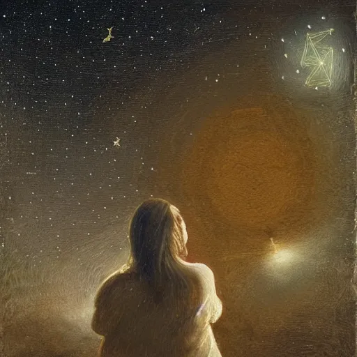 Prompt: A person at night looking at a constellation in the shape of a birthday cake, fantasy painting