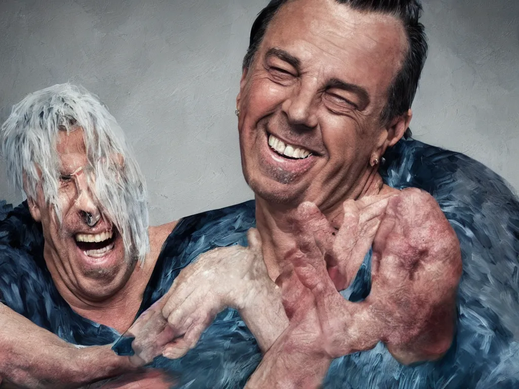 Image similar to extremely detailed digital painting of till lindemann sits on the couch with grandmother both laughing by handoga, stunning scene, 4 k, realism, bright colors, trending on artstation