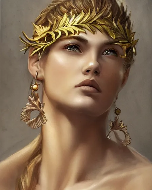 Prompt: front view of beautiful super model aphrodite greek goddess wearing a gold laurel wreath and triangle earrings, realism tattoo sketch, beautiful piercing gaze with sharp pupils, beautiful blonde hair, in the style of greg rutkowski, fantasy, amazing detail, epic, elegant, smooth, sharp focus