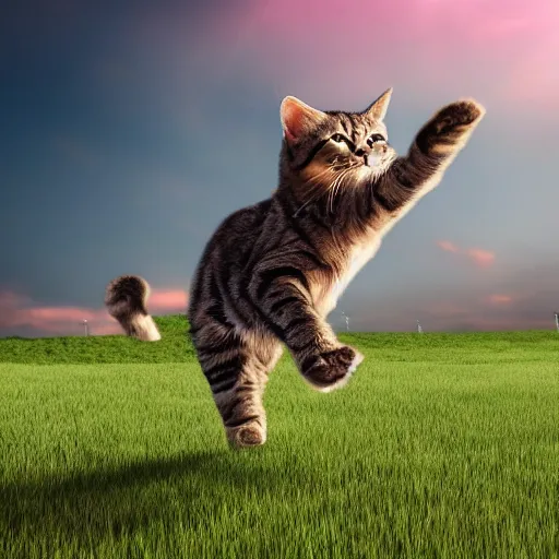 Image similar to giant kitten chasing a man through a field, photo, detailed, 4k