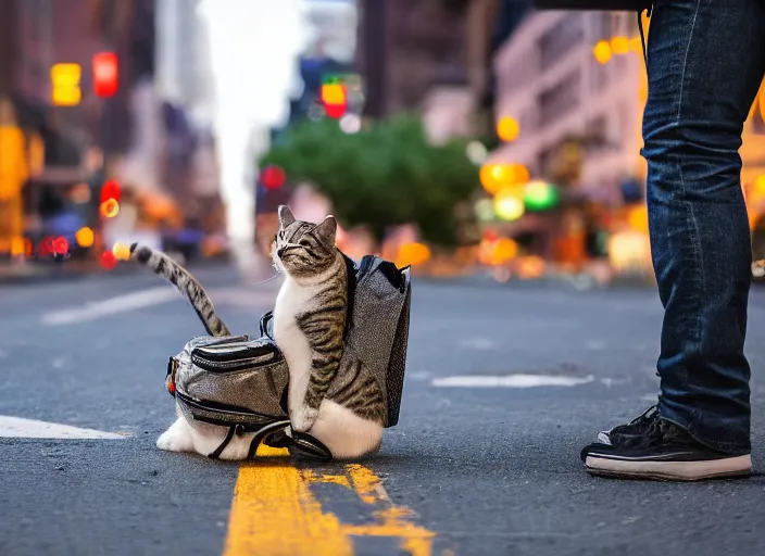 Image similar to photography of a Cat being carried in an half open backpack . in a new york street. award winning photo, led lighting, night, 130mm, sharp, high res