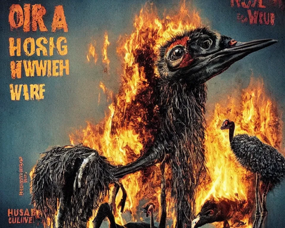 Image similar to a horror movie poster with an ostrich and a burning house with the words beware of the ostrich