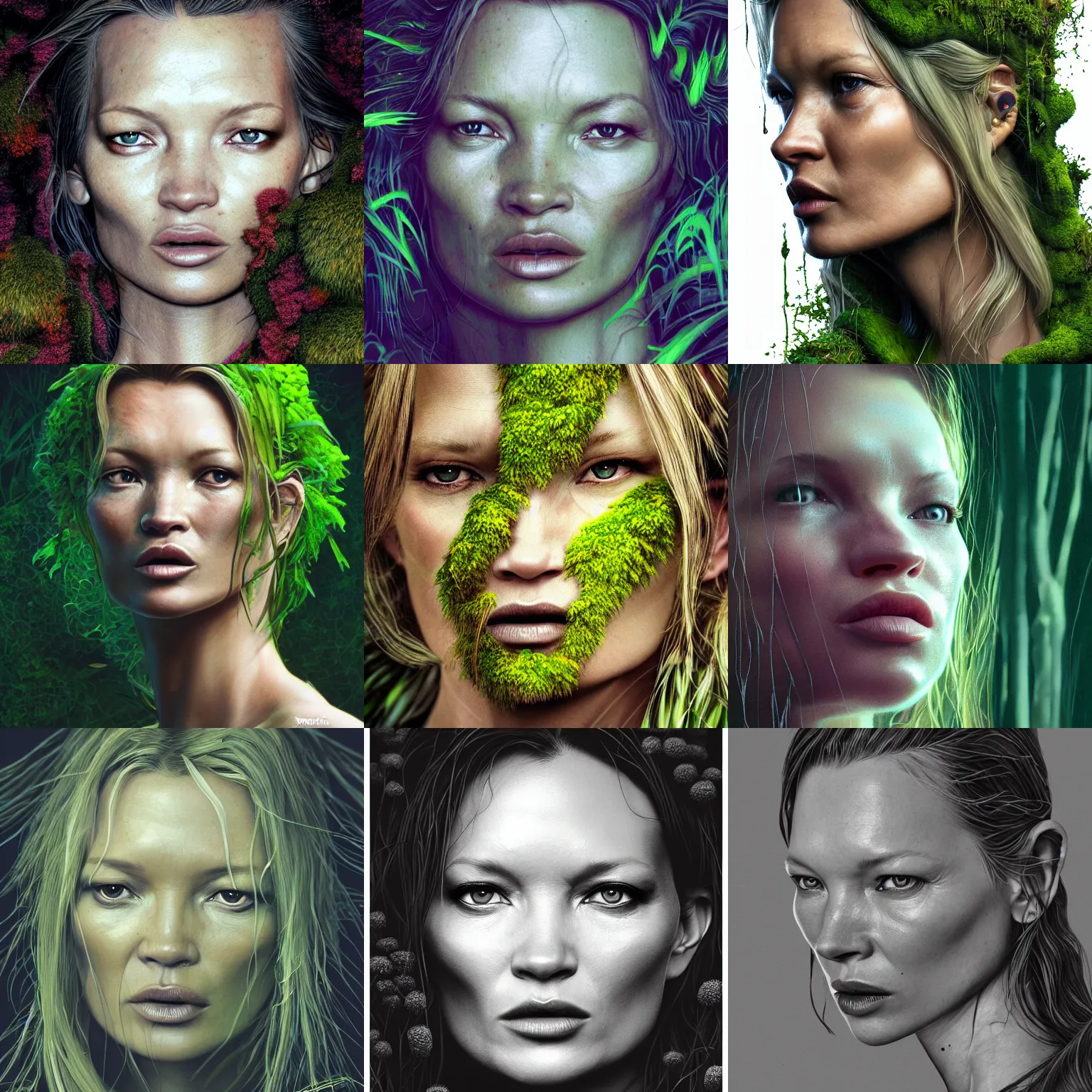 Prompt: portrait isometric drawing, close-up overgrown moss on kate moss, intricate, epic lighting, cinematic composition, hyper realistic, 8k resolution, unreal engine 5, by Artgerm, tooth wu, dan mumford, beeple, wlop, rossdraws, James Jean, Andrei Riabovitchev, Marc Simonetti, yoshitaka Amano, Artstation