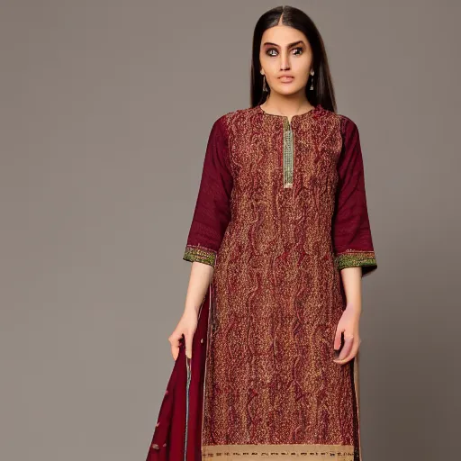 Image similar to a kashmiri paisley design in maroon and beige colors on clothes