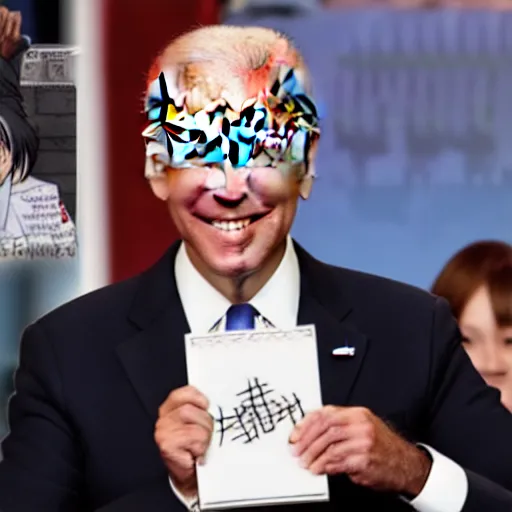 Image similar to joe Biden holding death note, anime style