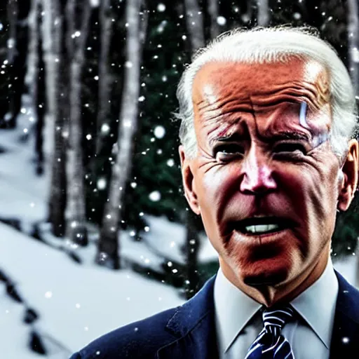 Image similar to professional photograph of angry Joe Biden with white paint on his face and wearing dark robes standing in a snowy forest, 8k, highly intricate, highly detailed,