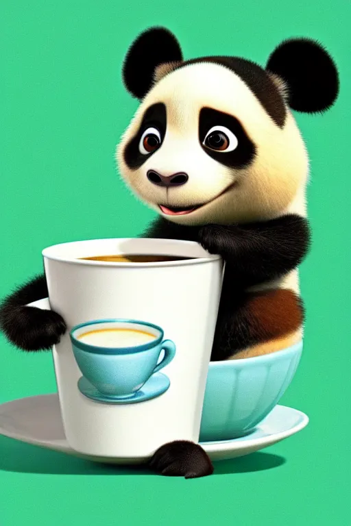 Image similar to a cute panda with big eyes looking at a cup of coffee, bamboos on background. Pixar Disney 4K 3d render funny animation movie Oscar winning trending on ArtStation and Behance. Ratatouille style.