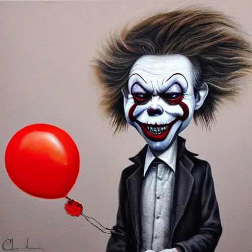 Image similar to grunge painting of donald trump with a wide smile and a red balloon by chris leib, loony toons style, pennywise style, corpse bride style, horror theme, detailed, elegant, intricate