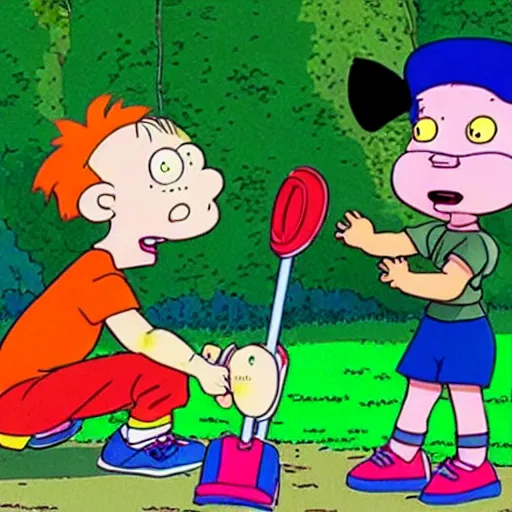 Image similar to rugrats but tommy is a lawnmower